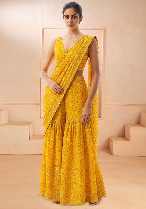 Yellow Embroidered Georgette Fusion Set