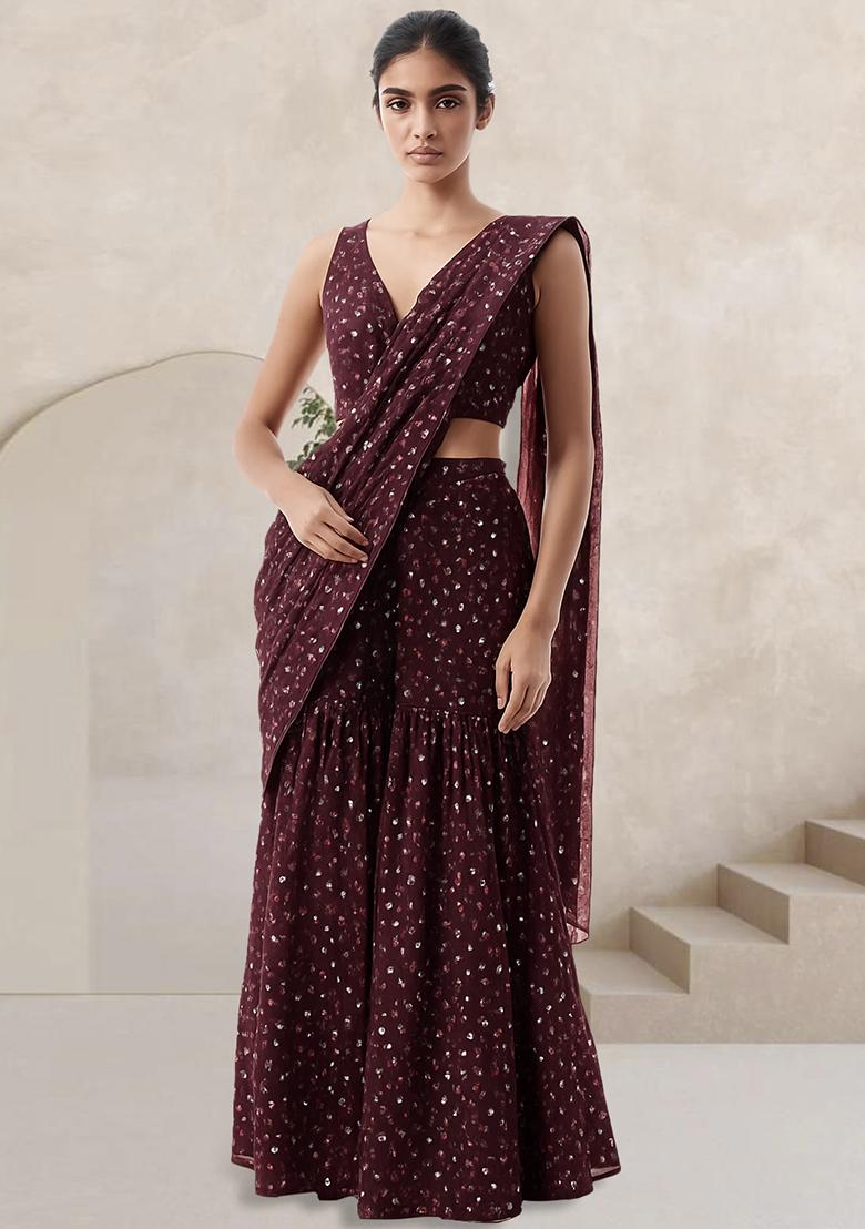 Brown Embroidered Georgette Fusion Set - Indya