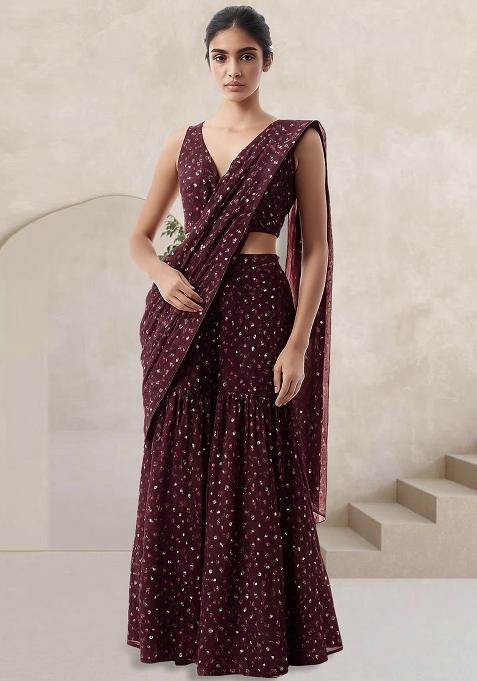 Brown Embroidered Georgette Fusion Set