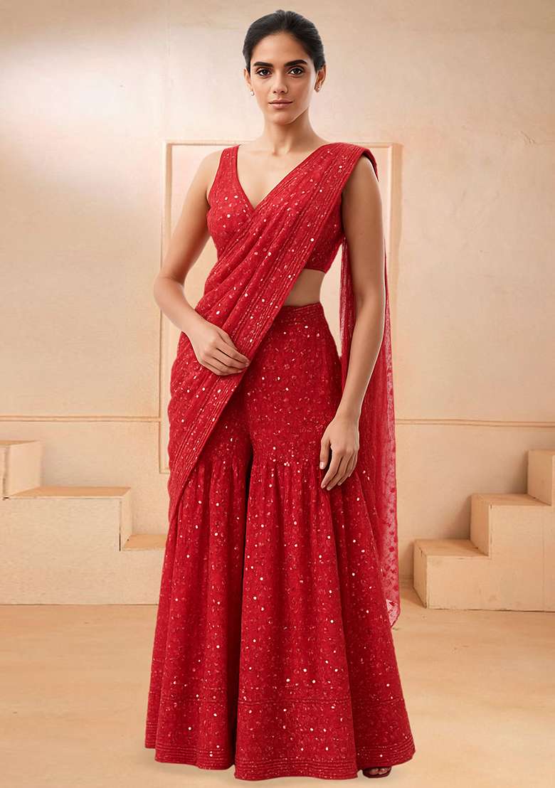 Pink Embroidered Georgette Fusion Set - Indya