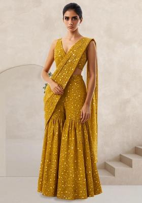 Mustard Embroidered Georgette Fusion Set