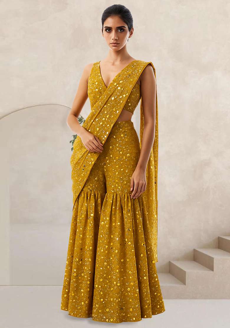 Mustard Embroidered Georgette Fusion Set - Indya