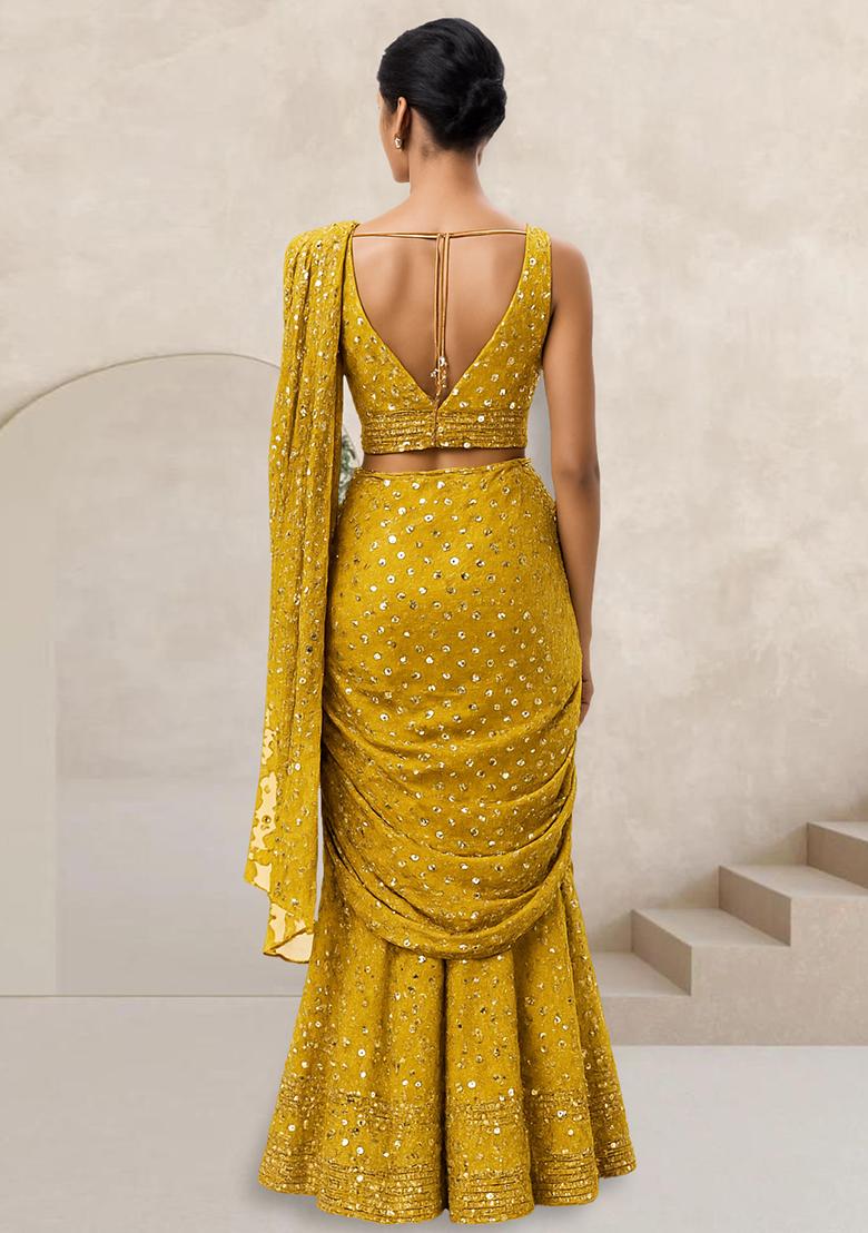 Mustard Embroidered Georgette Fusion Set - Indya