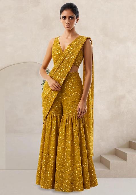 Mustard Embroidered Georgette Fusion Set