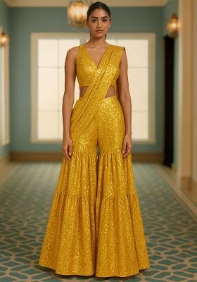 Yellow Embroidered Georgette Fusion Set