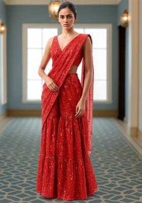 Red Embroidered Georgette Fusion Set