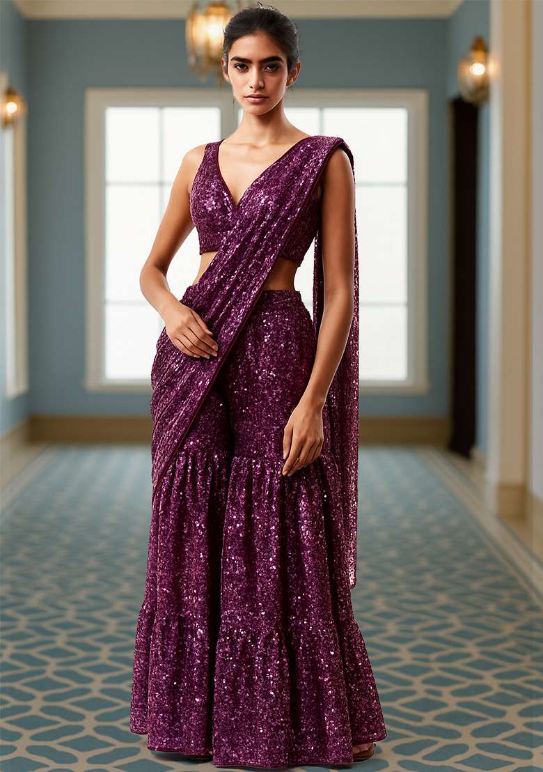 Plum Embroidered Georgette Fusion Set - Indya