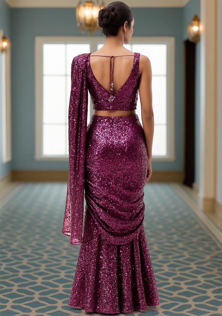 Plum Embroidered Georgette Fusion Set - Indya