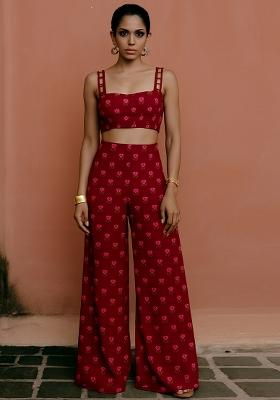 Maroon Printed Chanderi Fusion Set