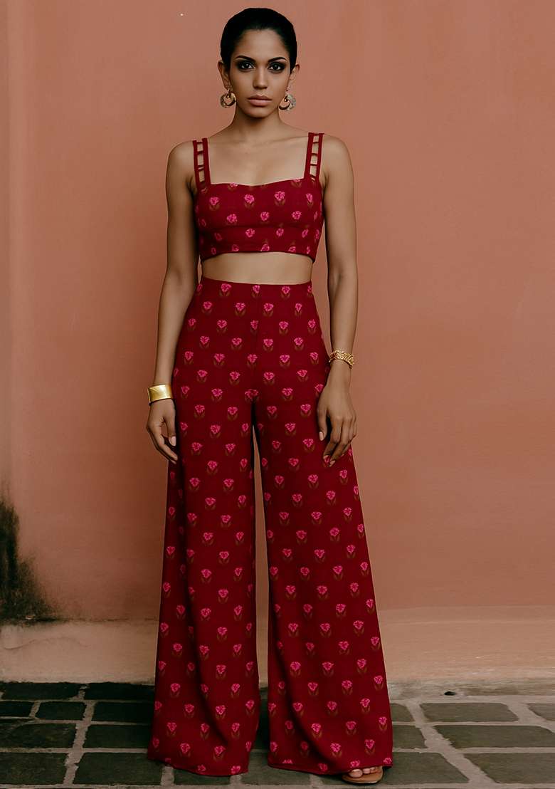 Maroon Printed Chanderi Fusion Set - Indya