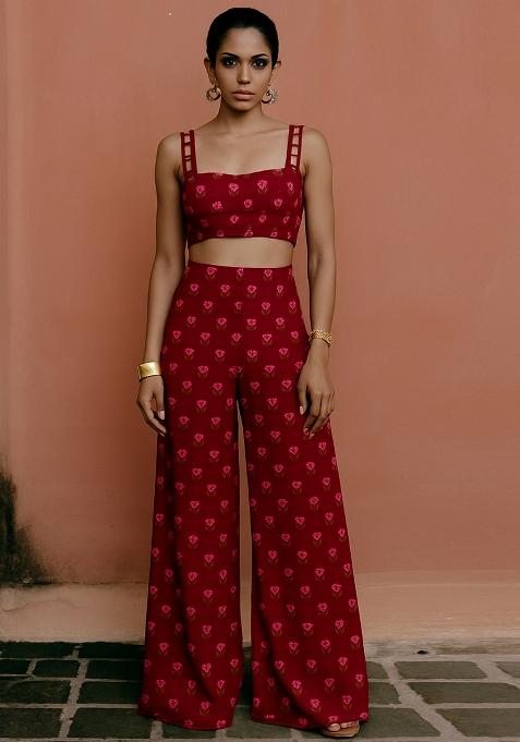 Maroon Printed Chanderi Fusion Set