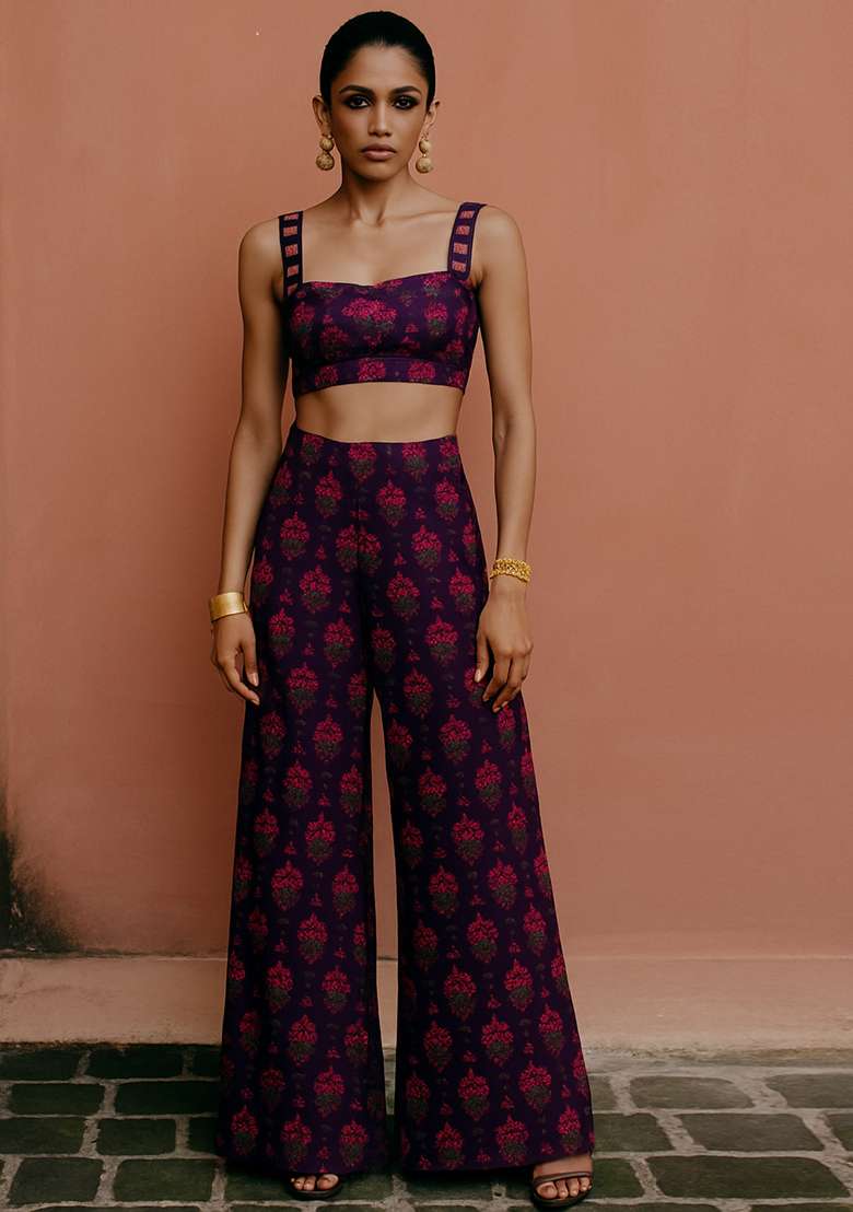 Purple Printed Chanderi Fusion Set - Indya