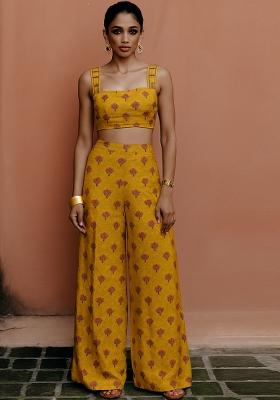 Yellow Printed Chanderi Fusion Set