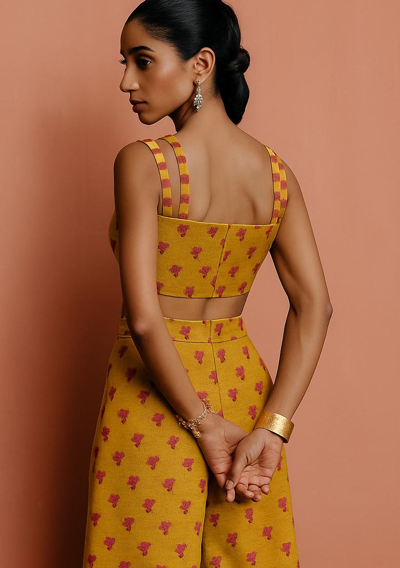 Yellow Printed Chanderi Fusion Set - Indya