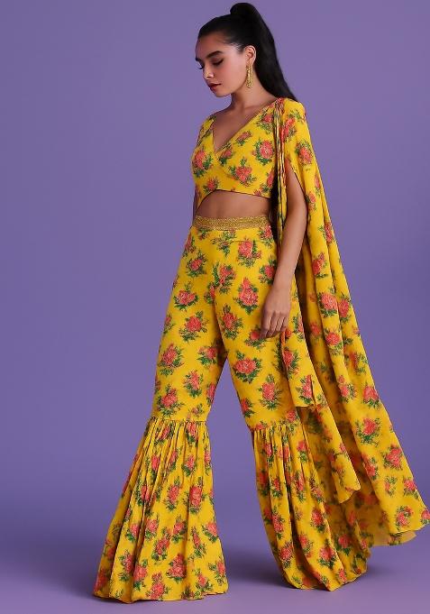 Yellow Printed Satin Fusion Set