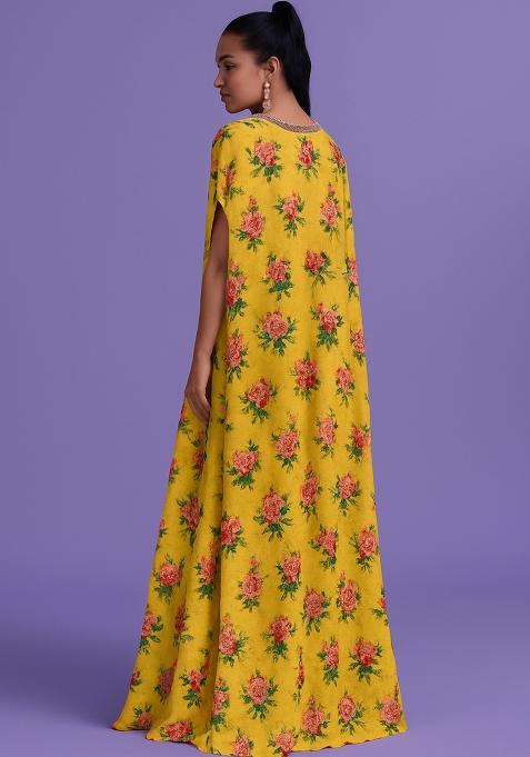 Yellow Printed Satin Fusion Set