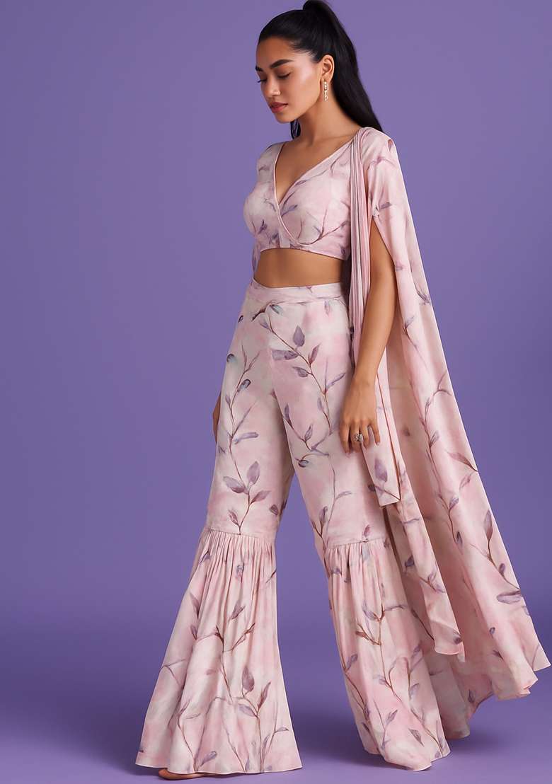 Pink Printed Satin Fusion Set - Indya