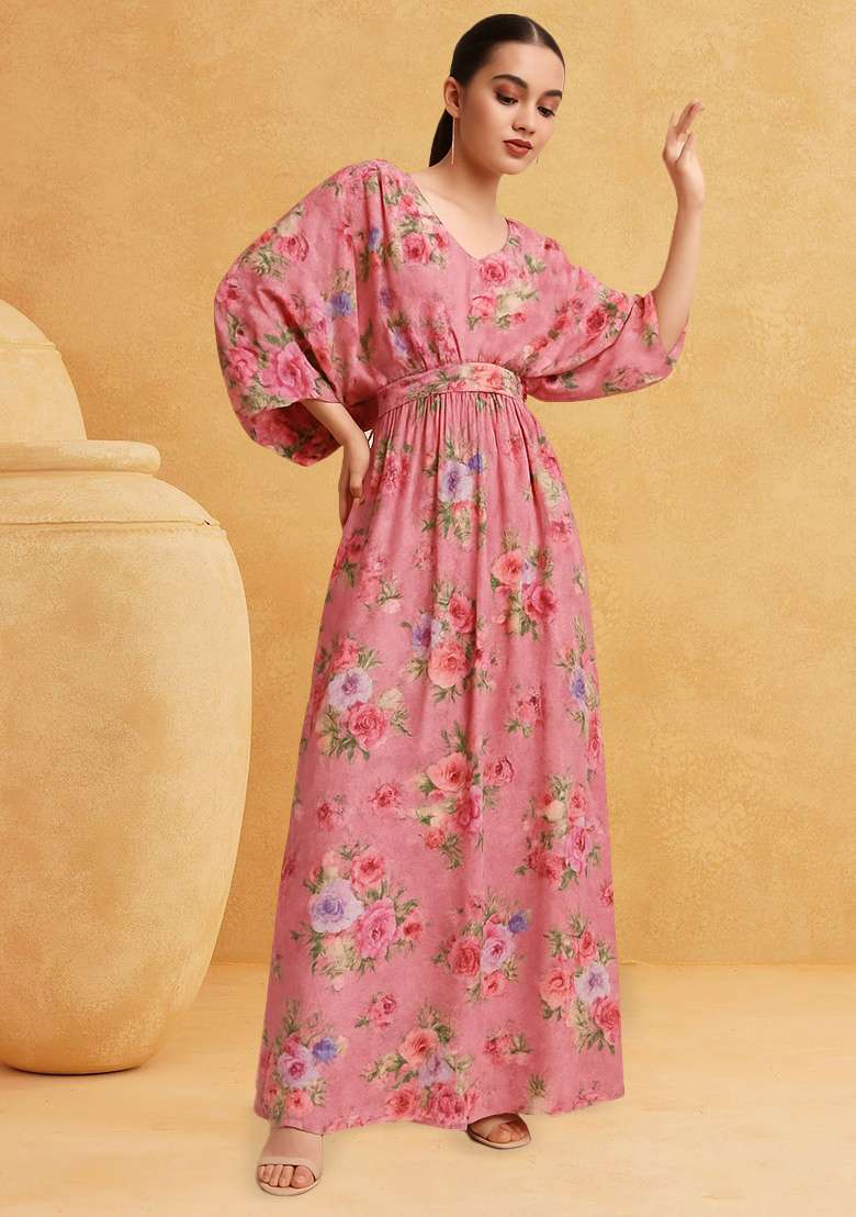 Pink Satin Fusion Set with Printed for Diwali | Wedding & Festive Wear - Indya