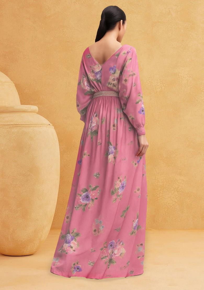 Pink Printed Satin Fusion Set - Indya