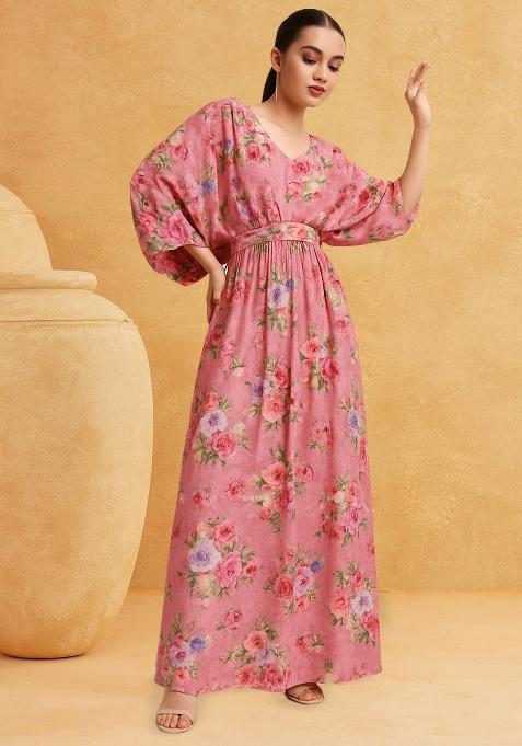 Pink Printed Satin Fusion Set