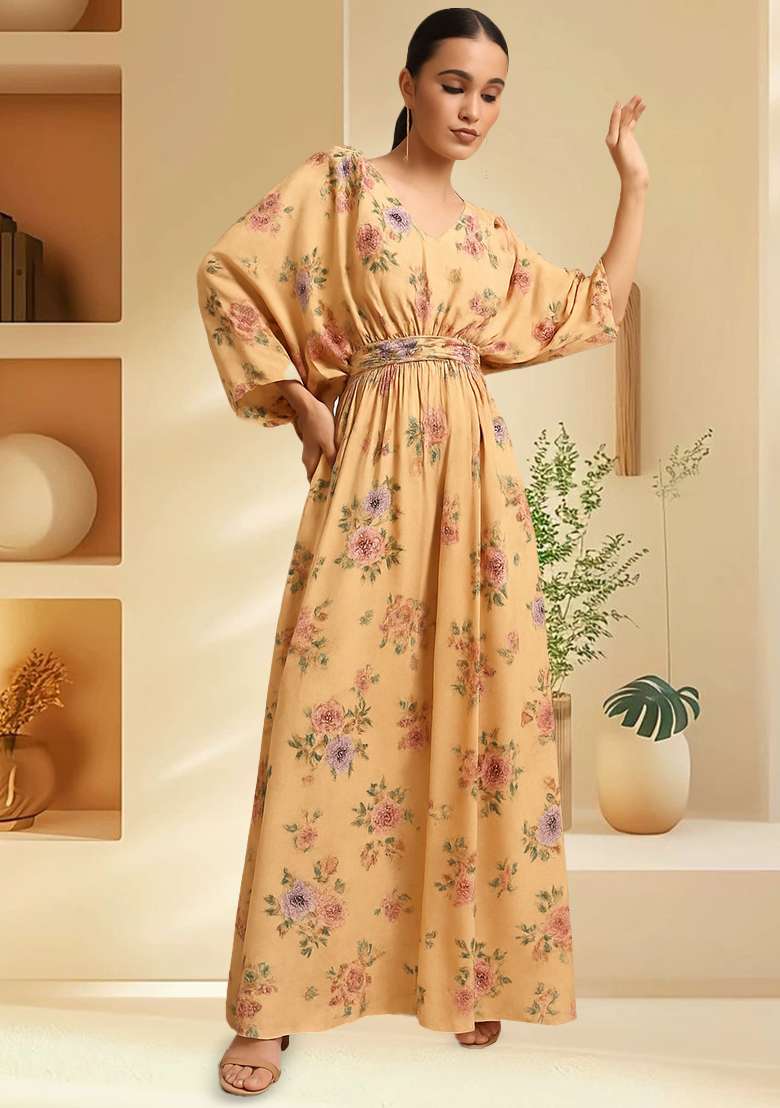 Beige Printed Satin Fusion Set for Diwali and Festive Wear - Indya