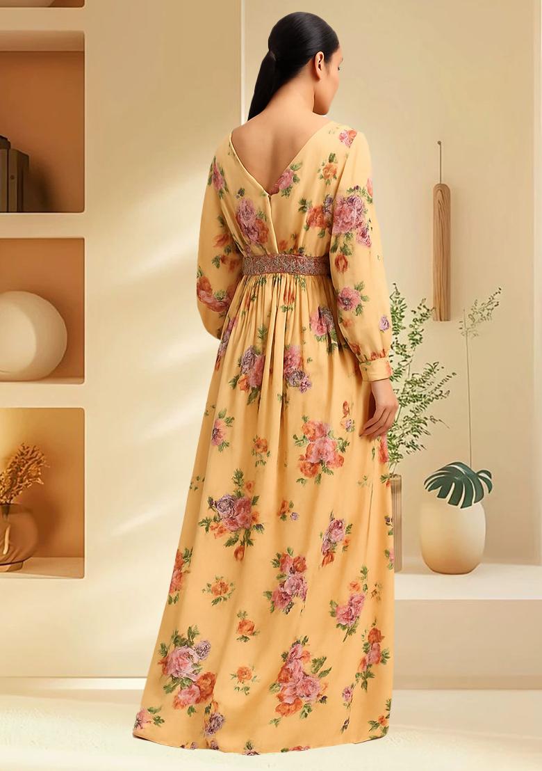 Beige Printed Satin Fusion Set - Indya