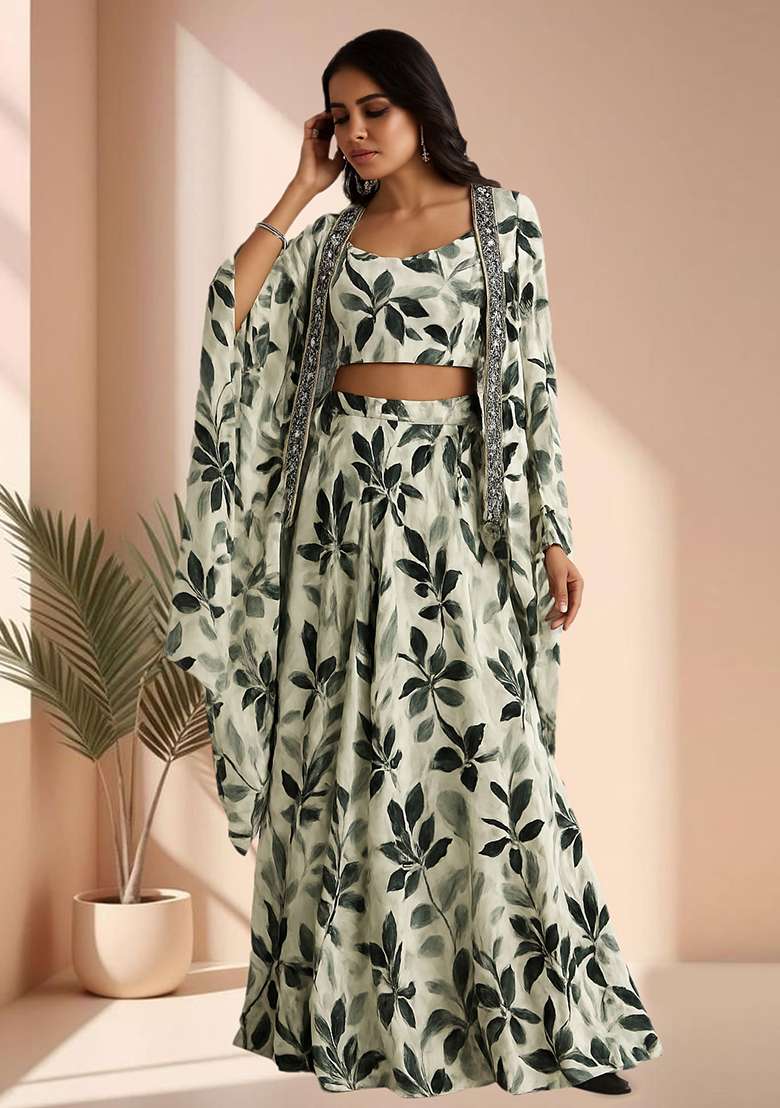 Beige Printed Satin Fusion Set - Indya