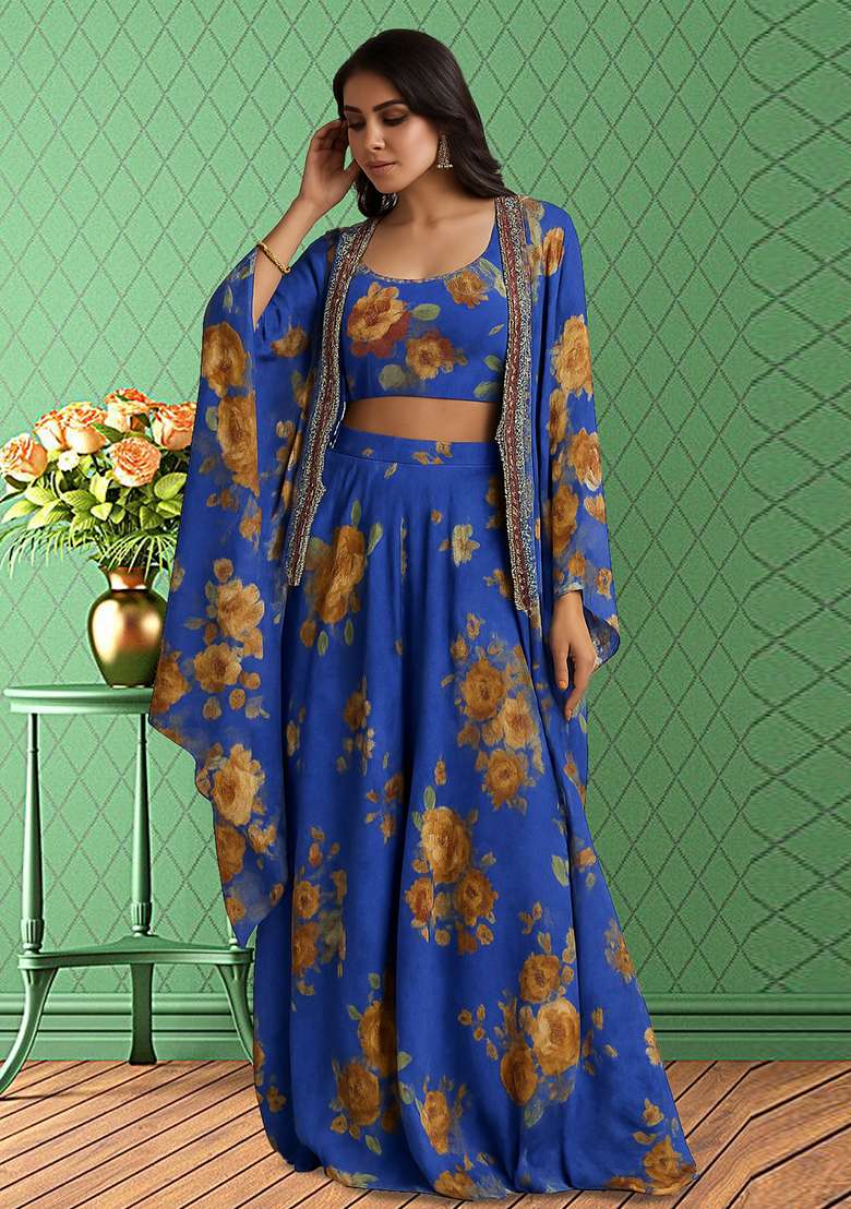 Blue Printed Crepe Fusion Set - Indya