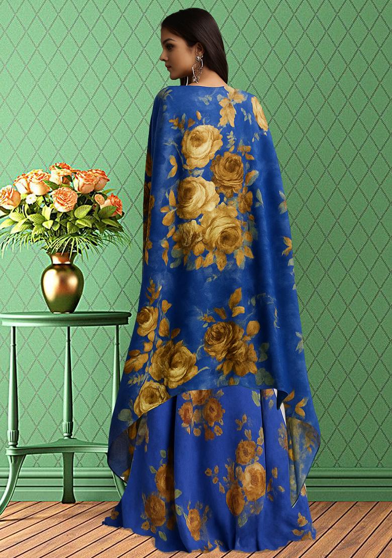 Blue Printed Crepe Fusion Set - Indya
