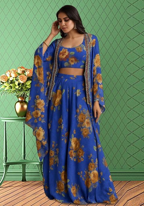 Blue Printed Crepe Fusion Set