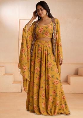 Yellow Printed Crepe Fusion Set