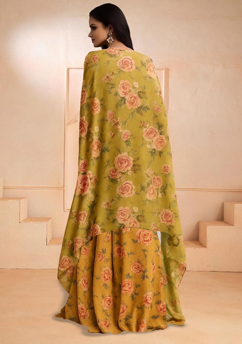 Yellow Printed Crepe Fusion Set - Indya