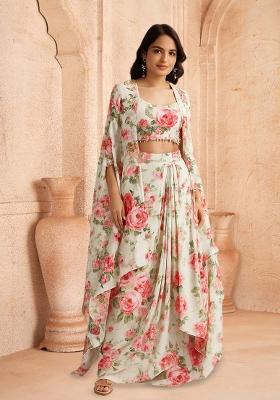 Grey Printed Satin Fusion Set