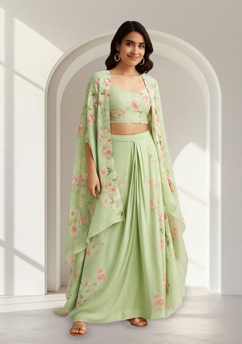 Green Printed Satin Fusion Set