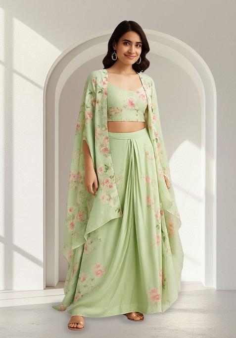 Green Printed Satin Fusion Set