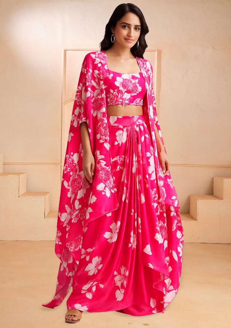 Pink Printed Satin Fusion Set - Indya