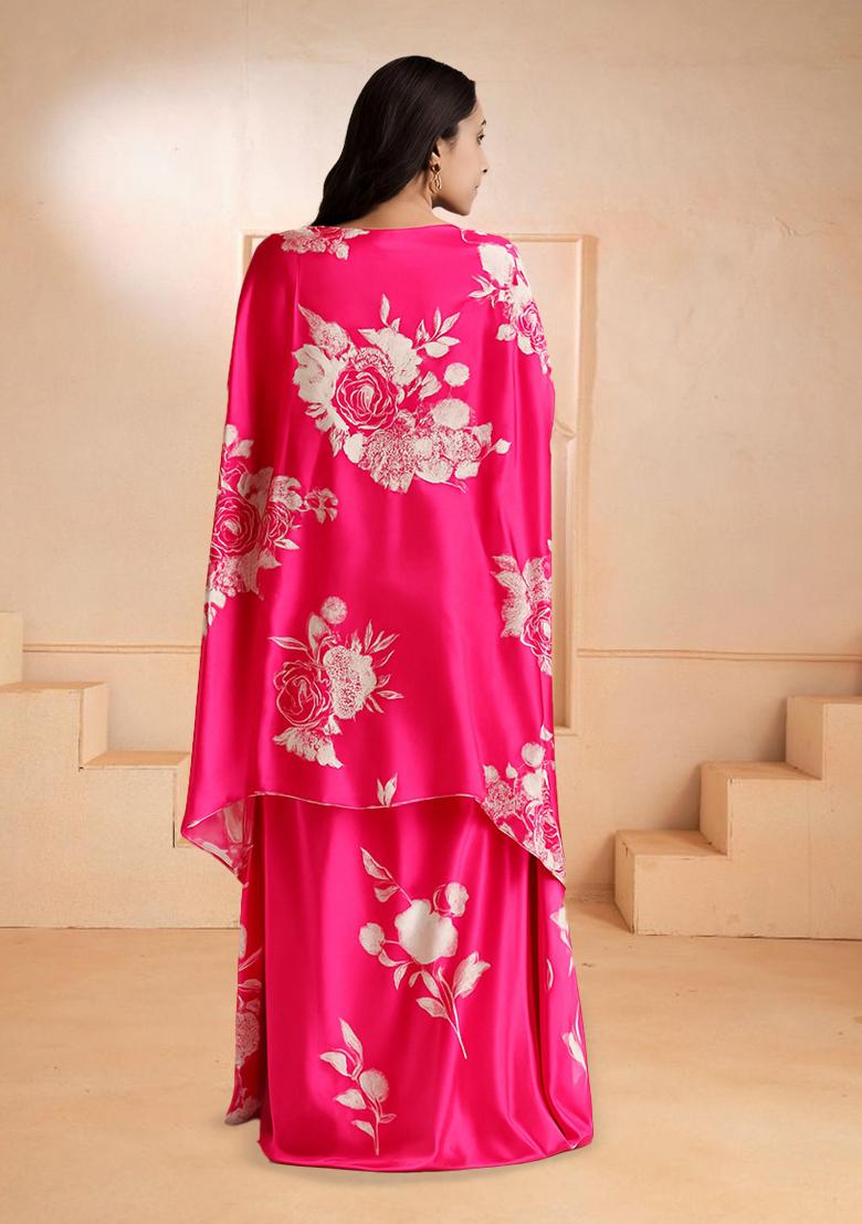 Pink Printed Satin Fusion Set - Indya