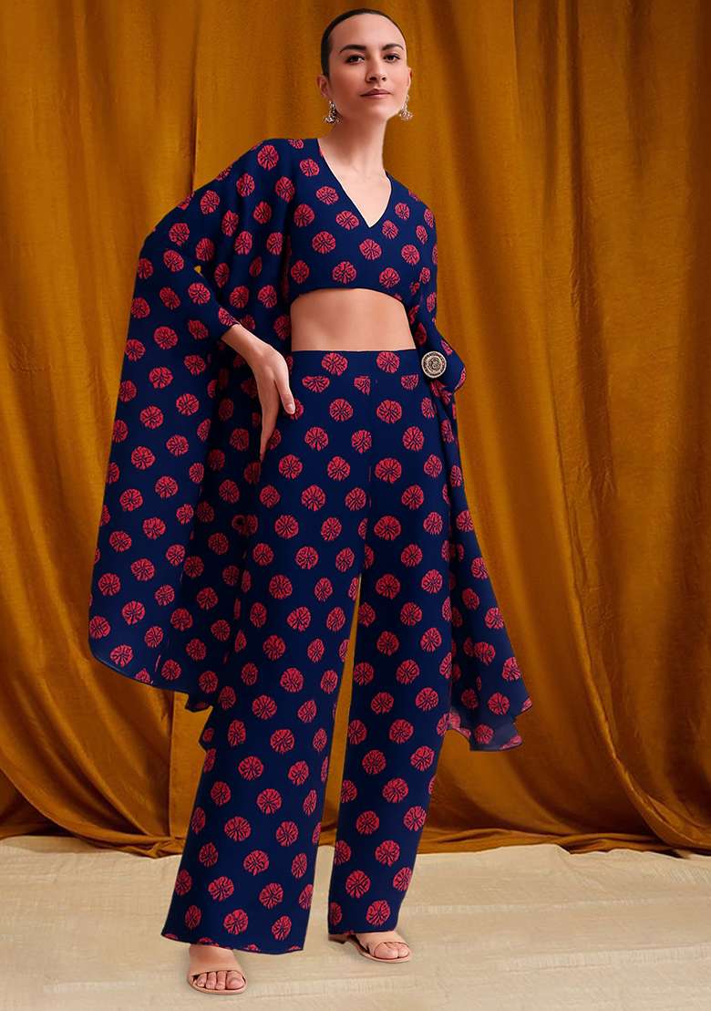 Blue Printed Satin Fusion Set - Indya
