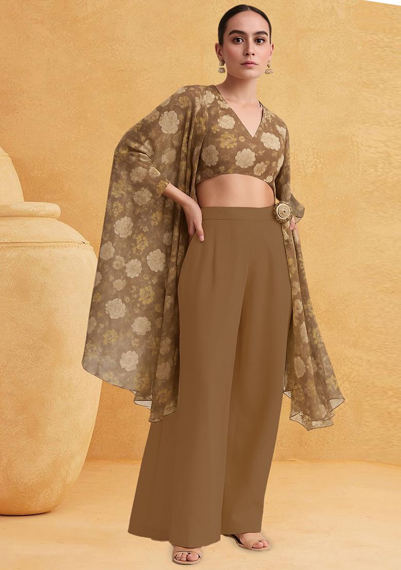 Brown Printed Satin Fusion Set