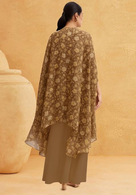 Brown Printed Satin Fusion Set