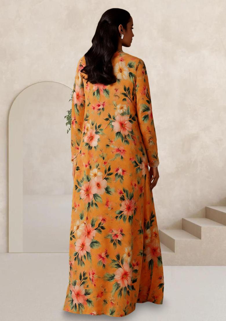 Orange Printed Organza Fusion Set - Indya