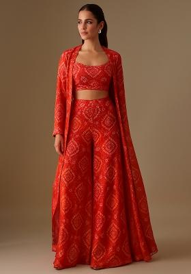 Red Printed Organza Fusion Set