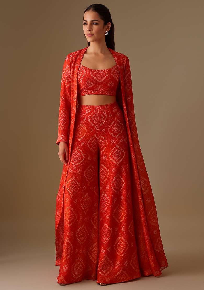 Red Printed Organza Fusion Set for Diwali and Festive Wear - Indya
