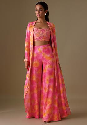 Pink Printed Organza Fusion Set