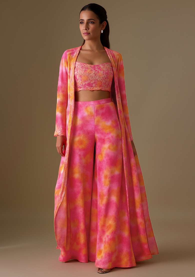 Pink Printed Organza Fusion Set - Indya