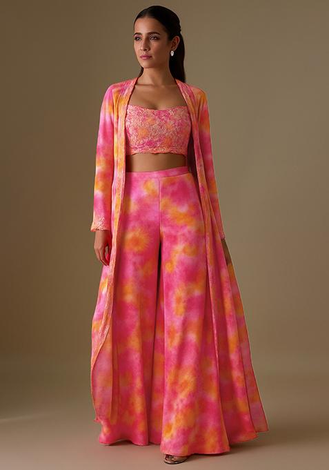 Pink Printed Organza Fusion Set