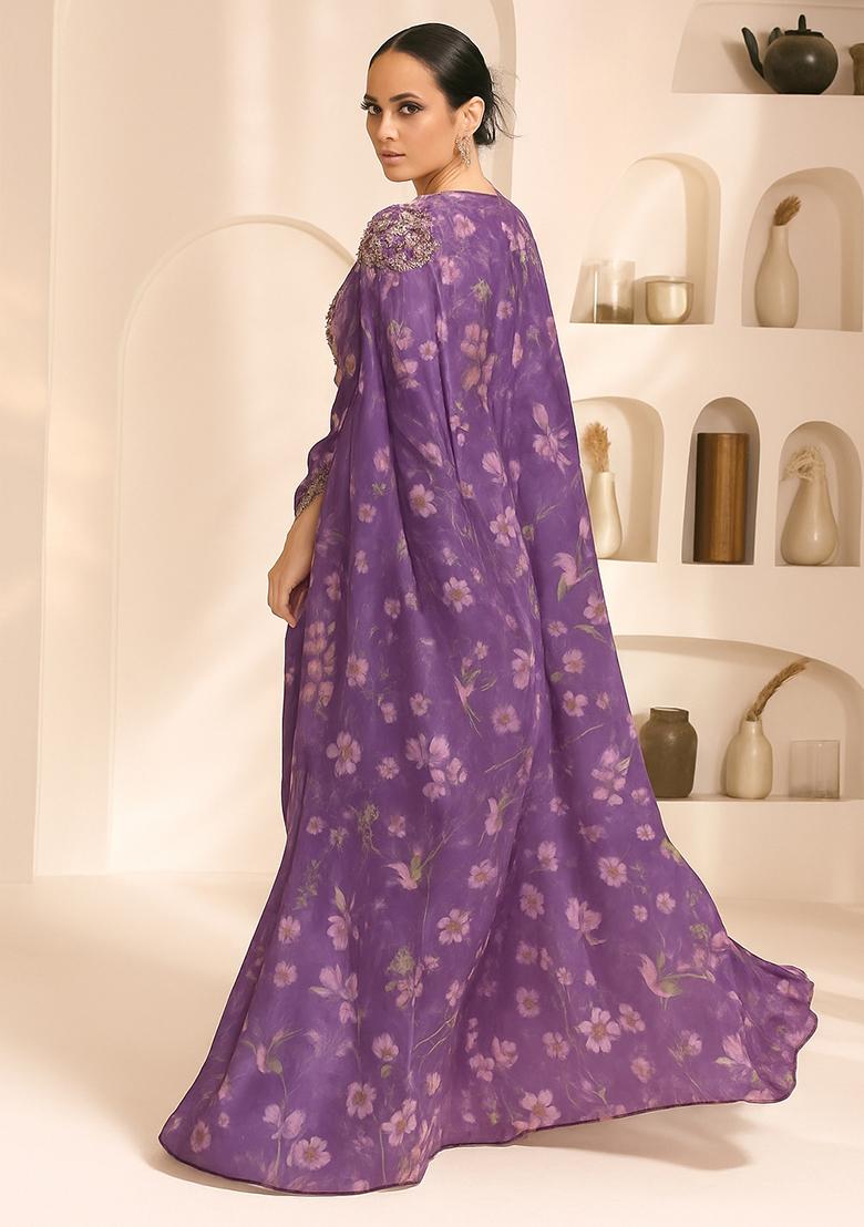 Purple Printed Chiffon Fusion Set - Indya