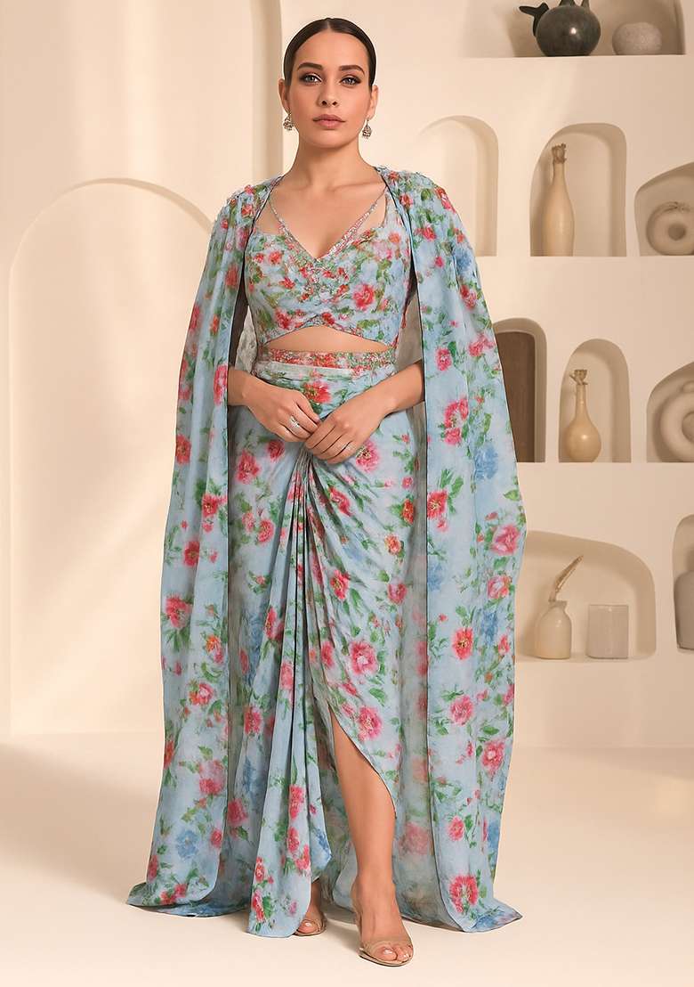 Blue Printed Chiffon Fusion Set - Indya