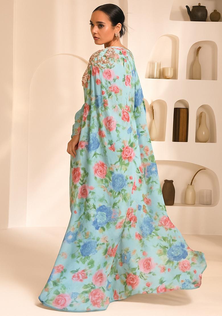 Blue Printed Chiffon Fusion Set - Indya