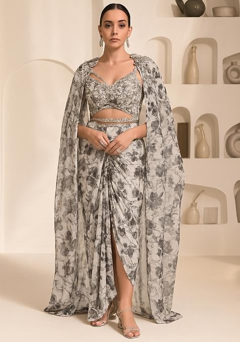 White Printed Chiffon Fusion Set